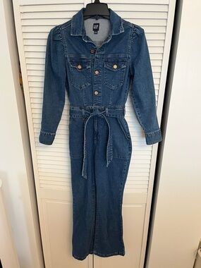 GAP Blue Denim Flare Leg Puffed Sleeve Jumpsuit